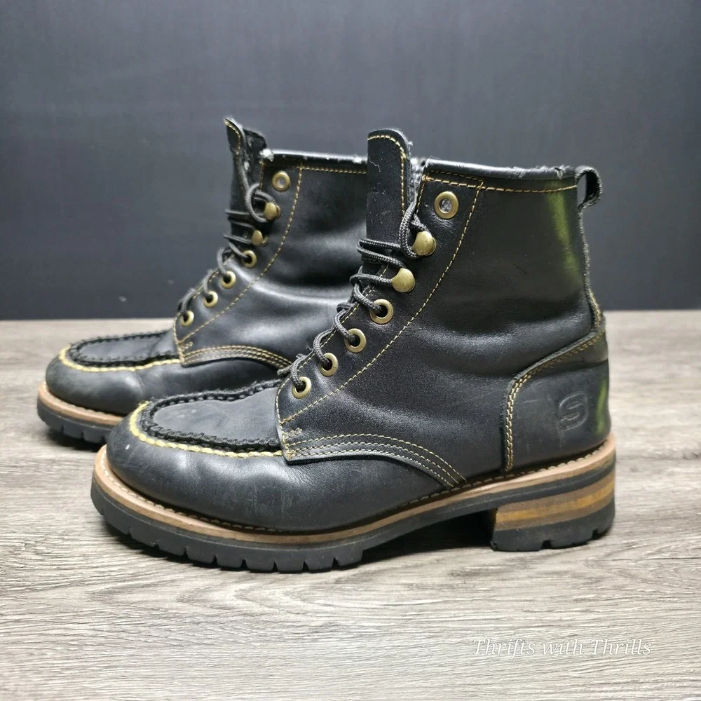 Skechers‎ Men's Work Boots -  Size 9.5 - Oil Resistant, Moc Toe, Black Leather